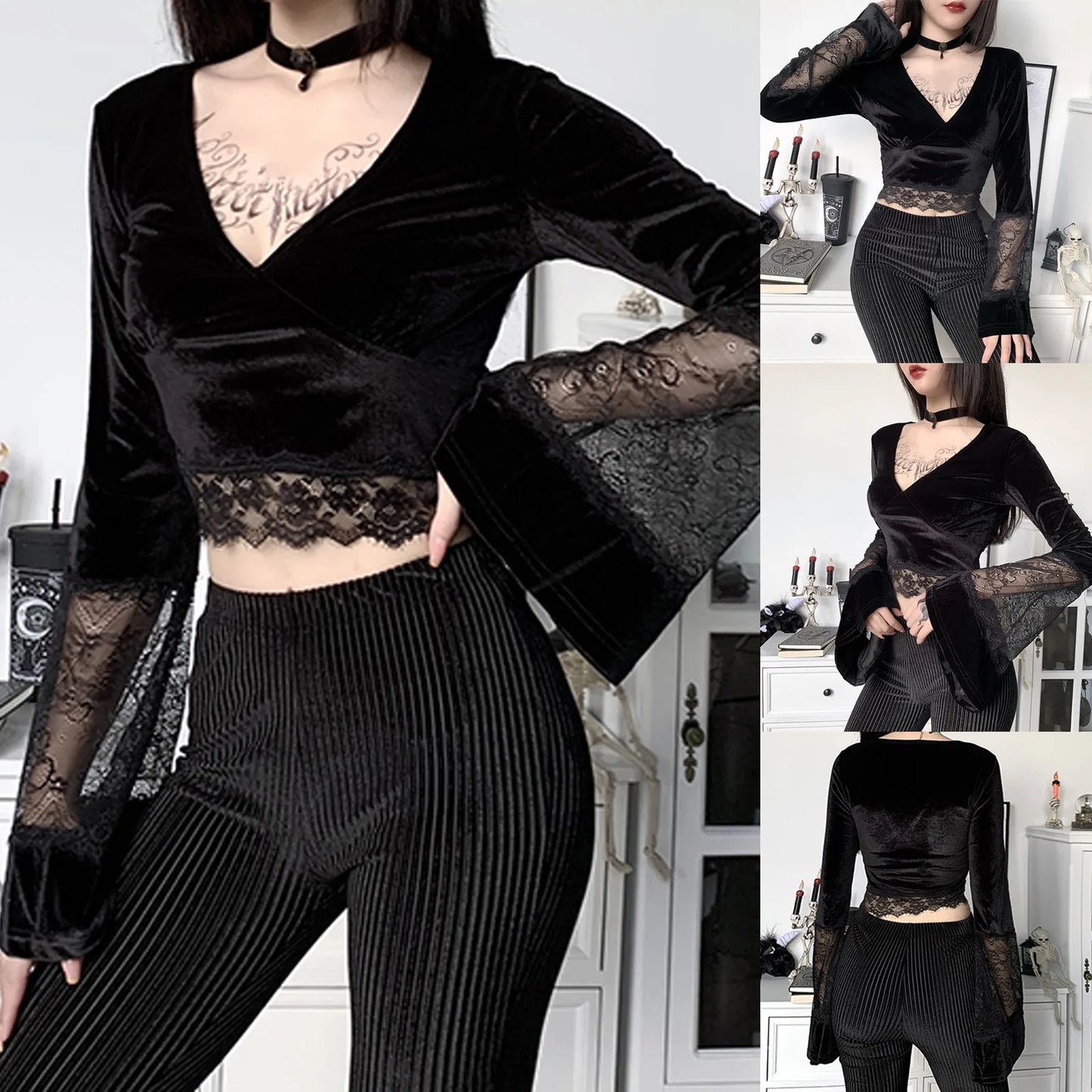 Gothic Lace Shirts Hollow Flare Long Sleeve V Neck Black Tops Retro Shirt