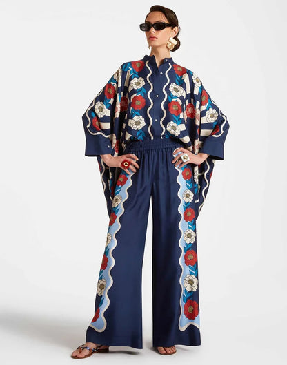 Vintage Print Pants Sets Women Irregular Loose Long Sleeve Shirt Wide Leg Trousers Two Piece Set Female Fashion Trend Streetwear