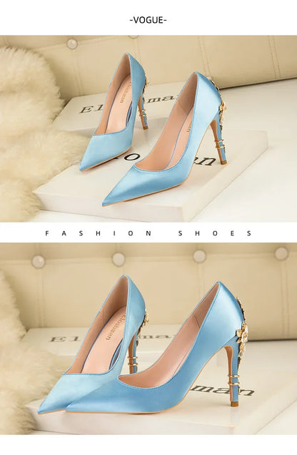 Women's Metal Flowers Stiletto High-heel Shoes Female  Light Luxury Wedding Shoes Pointed Toe