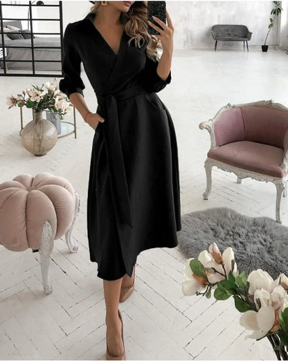 A-Line Wrap Summer Dress Long Sleeve V-Neck Dress Pocket Elegant Midi Party Dress