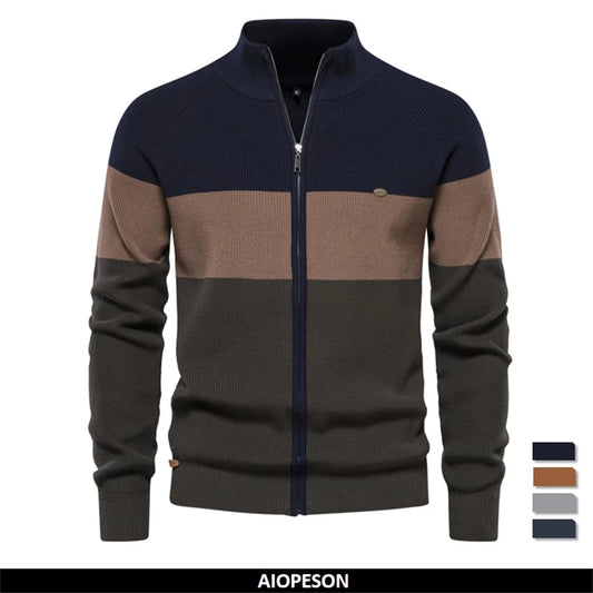 Patchwork Color Sweater for Men Zipper Cardigans High Quality Cotton Sweater