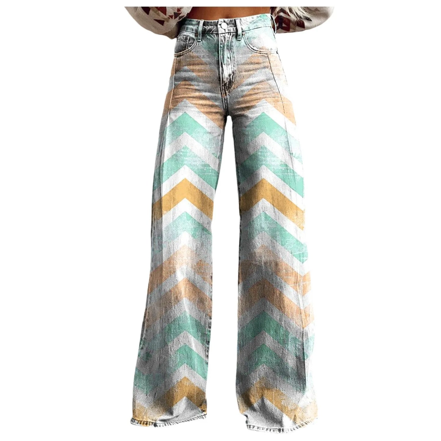 Womens Wide Leg Jeans High Waisted Casual Denim Floral Printed Trousers Women Jean Baggy