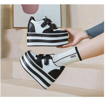 High quality 12cm Synthetic Genuine Leather Boot Ankle Platform Wedge High Brand Chunky Sneaker Shoes