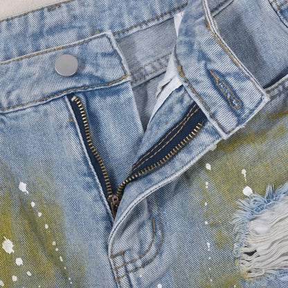 Hole Print Pants Casual High Waist Button Straight Jeans Summer Female