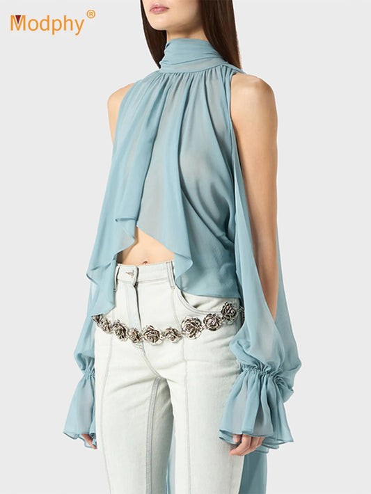 Chiffon Blouse Ladies Off shoulder Lantern Long Sleeve Design Top