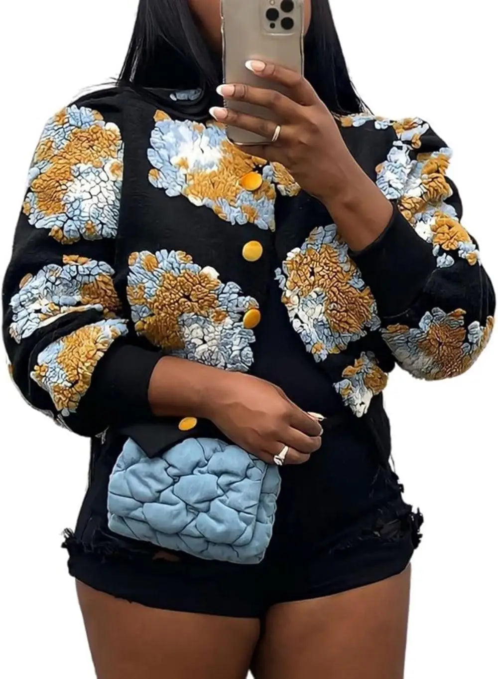 Wool Coats for Women Floral Puff Sleeve Embroidered Printing Short Fall Winter Jacket
