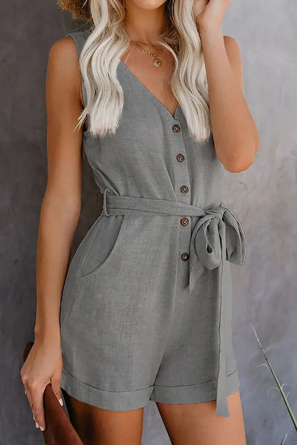 Women's Casual V-neck Monochromatic Jumpsuit, Five-Point Shorts