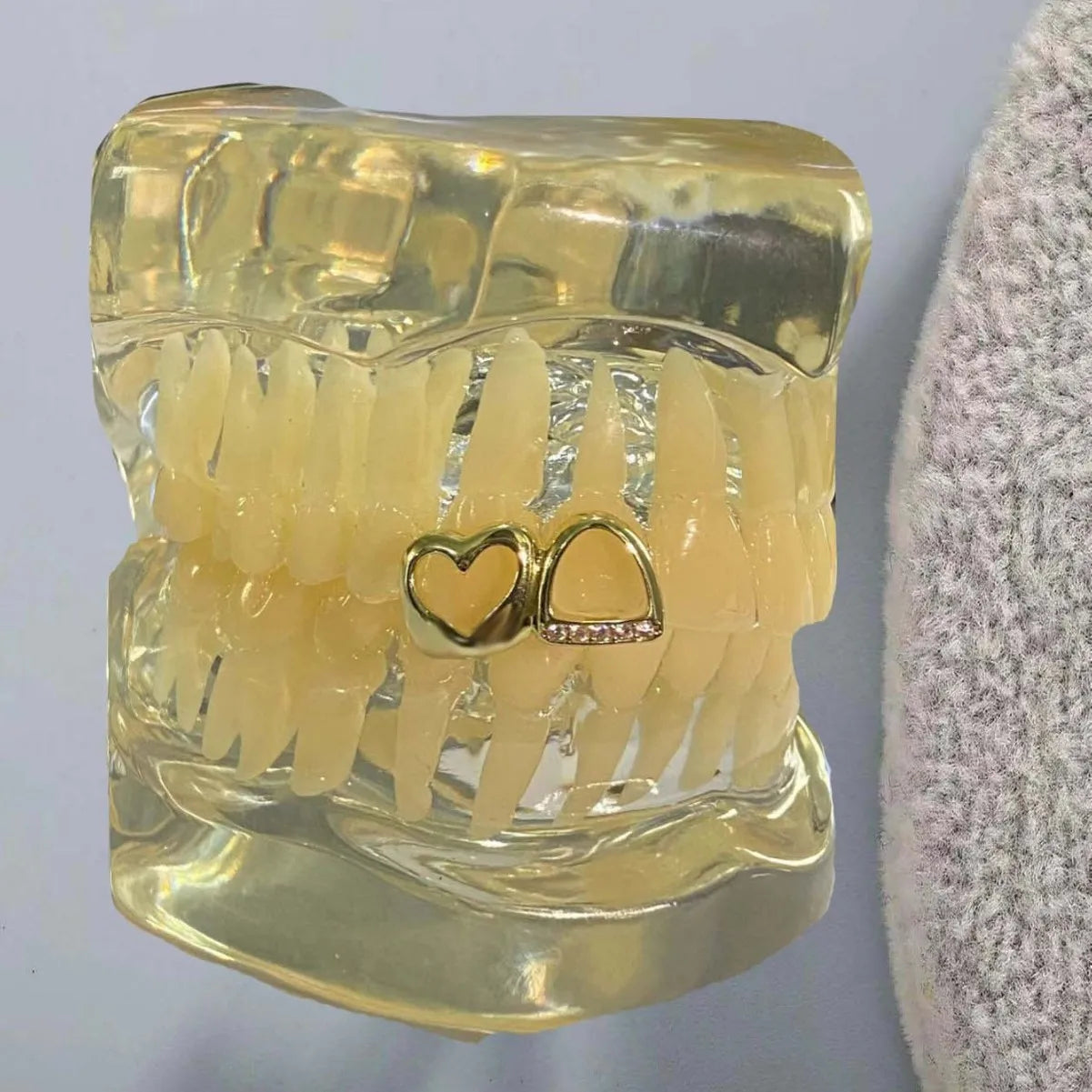 CZ Stone Double Hollow Heart Teeth Grillz Braces Vintage Punk Zircon Tooth Caps