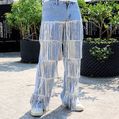 Sparkling Fringes Embellished Wide Leg Jeans Women Trendy Silver Tassel Denim Pants