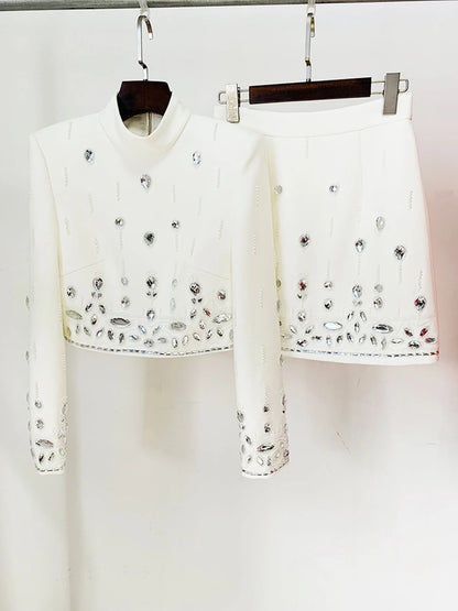 Long Sleeve Short Top and Mini Skirt Suit Outfit, Diamond Beaded Design,High Quality, 2 Pcs Set