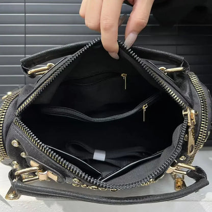 Ladies' diamond studded nylon tote bag with leopard pattern