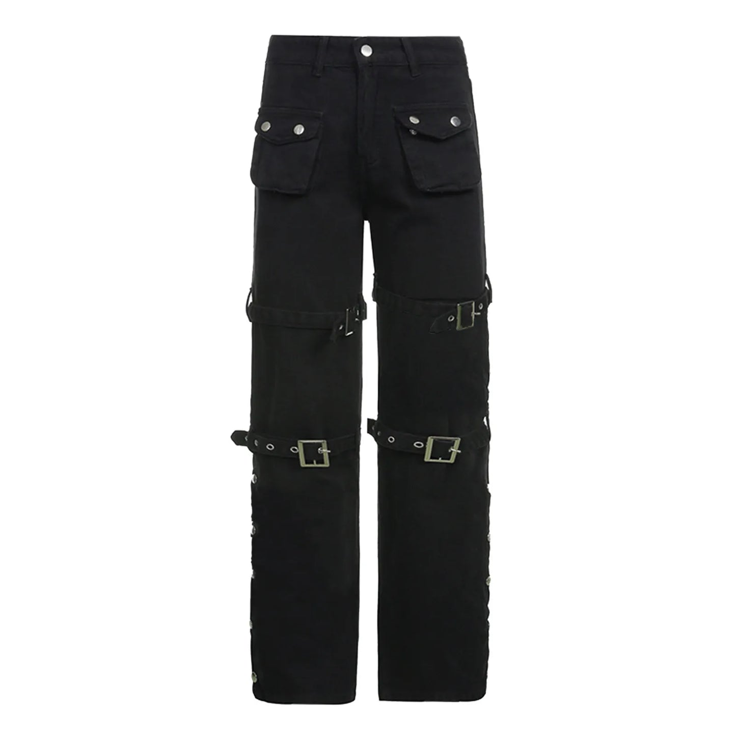 Hippie Cool Girls Straight Pants Punk Gothic Trendy Metal Buckle Side Split Black Trousers Y2k Streetwear Belted Low Waist Pants