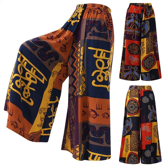 Women Elastic Pants Waist Loose Casual Print Wide Leg Pants Slim Elasticated Trousers Mid Waist