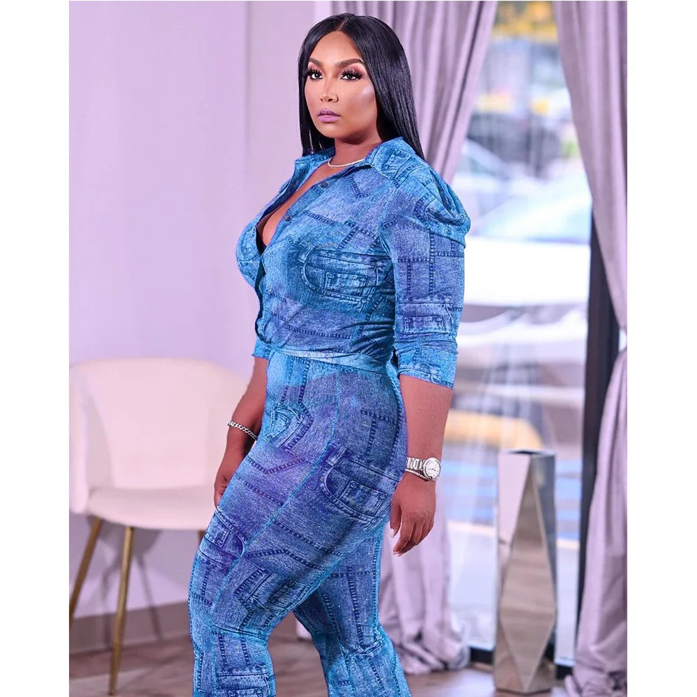 Long Sleeve Stretch Chiffon Print Denim Two Piece Set Plus Size