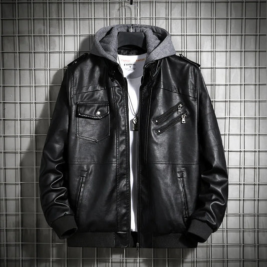 Hooded Leather Jacket Men's PU Leather Motorcycle Leather Coat