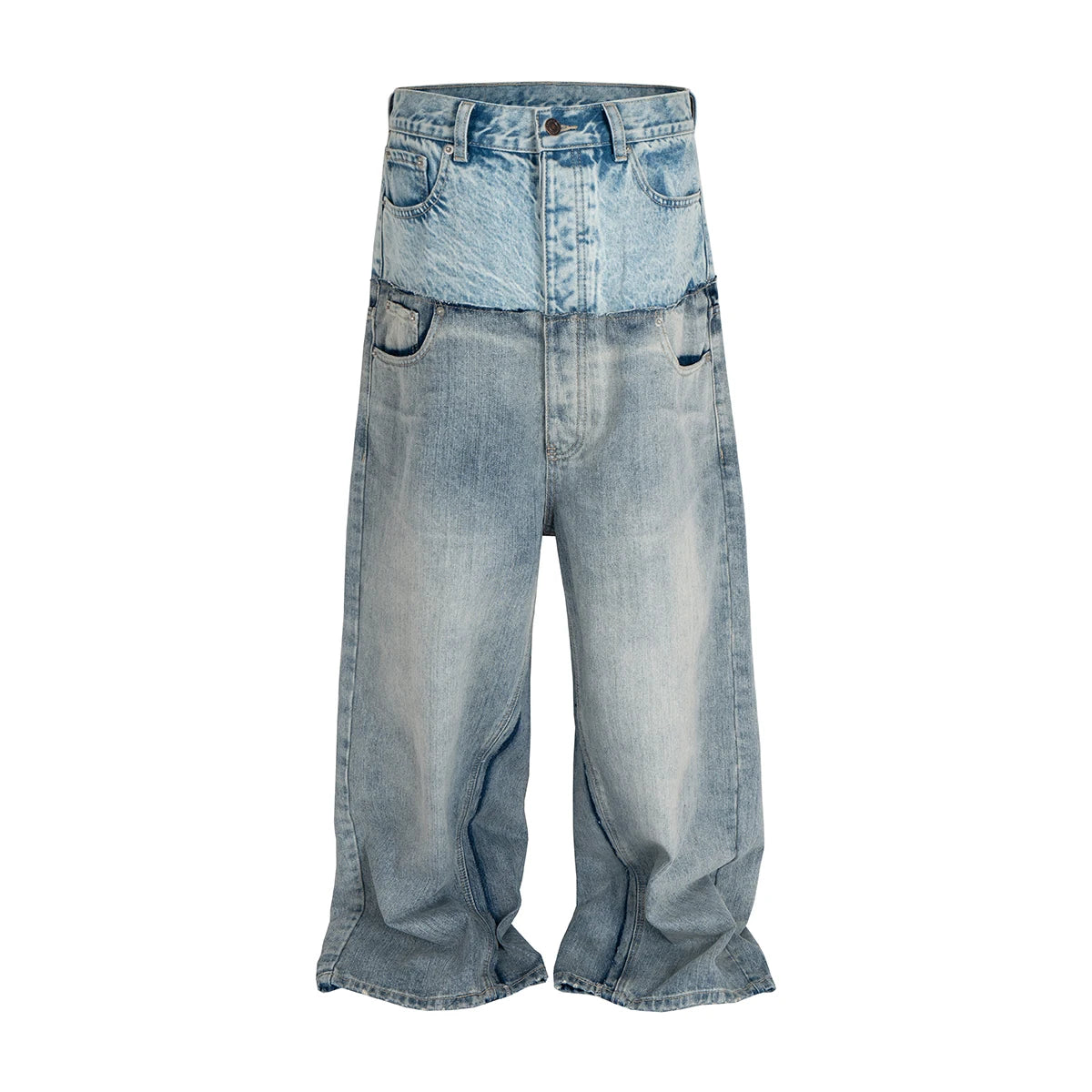 CUT-UP Double-layer Double Waist Patchwork Baggy Jeans for Men and Women Straight Casual Loose