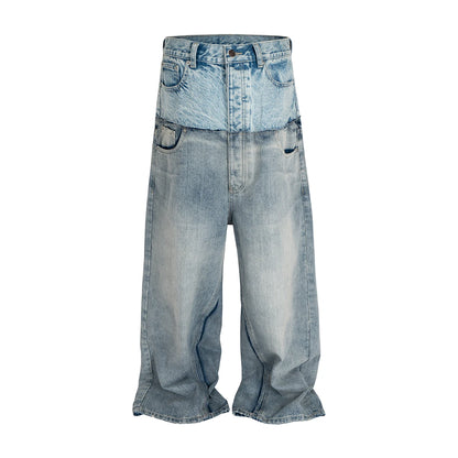 CUT-UP Double-layer Double Waist Patchwork Baggy Jeans for Men and Women Straight Casual Loose