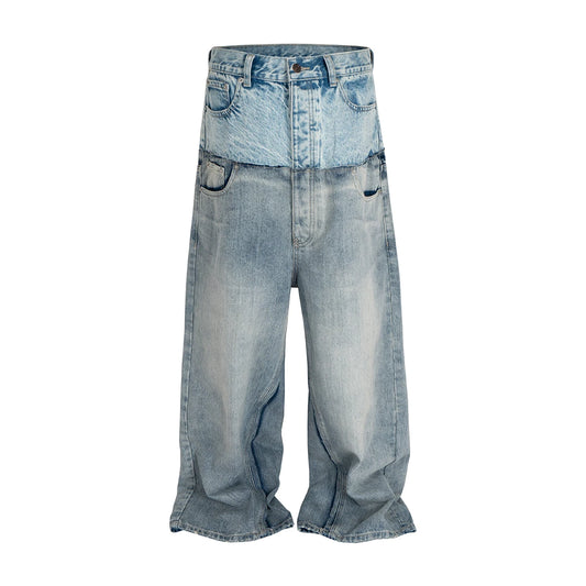 CUT-UP Double-layer Double Waist Patchwork Baggy Jeans for Men and Women Straight Casual Loose