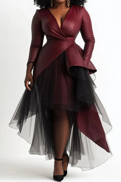 Burgundy Wrap Neck Long Sleeve Asymmetric Hem PU Leather Midi Dress