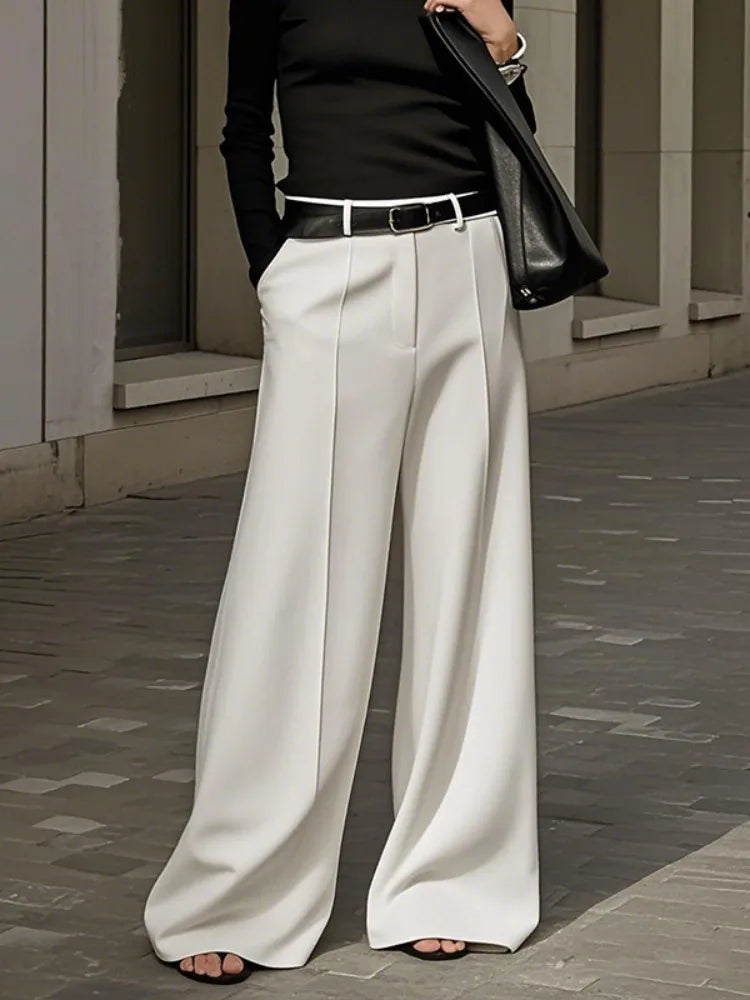 Black White Solid Color Wide Leg Pants Elastic High Waist Simple Trousers No Belt
