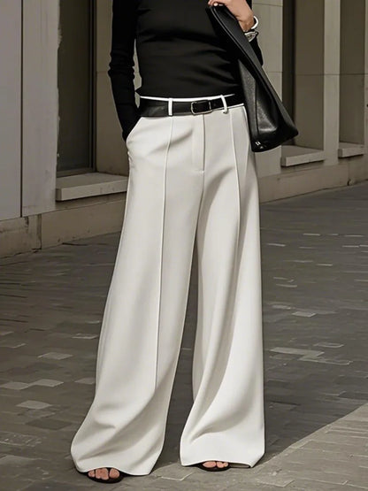 Black White Solid Color Wide Leg Pants Elastic High Waist Simple Trousers No Belt