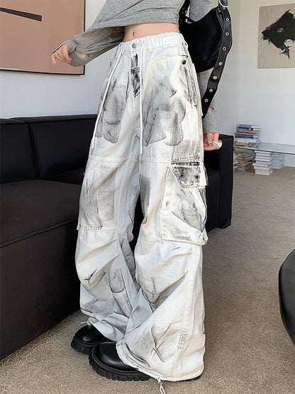 Women's White Cargo Jeans Baggy Vintage High Waist Cowboy Pants Harajuku Aesthetic Tie-Dyed Denim Trousers 90s Y2k Clothes 2024