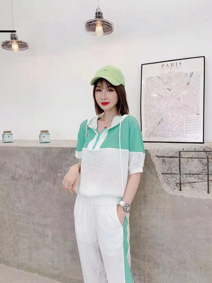 Women's Fashion Tracksuit Casual Suit Short Sleeve Hooded Top Pants Two Piece Set For Women