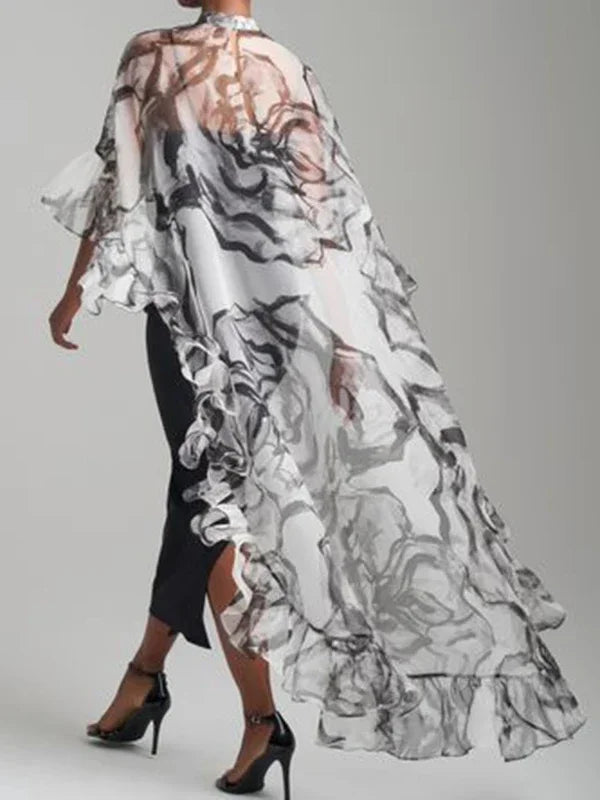 Women's Printed See-through Sun Protection Shawl Top Stand Collar Loose Fit Ruffled
