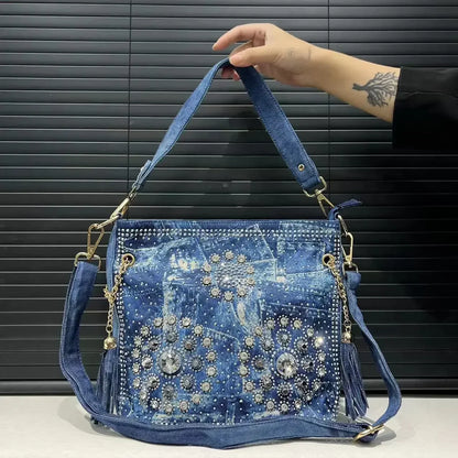 Gradient Diamond Elegant Shoulder Bag Large Capacity Diamond Denim Handbag