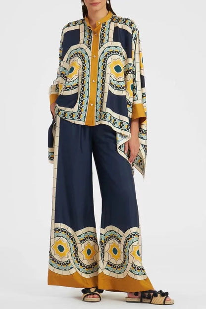 Vintage Print Pants Sets Women Irregular Loose Long Sleeve Shirt Wide Leg Trousers Two Piece Set Female Fashion Trend Streetwear
