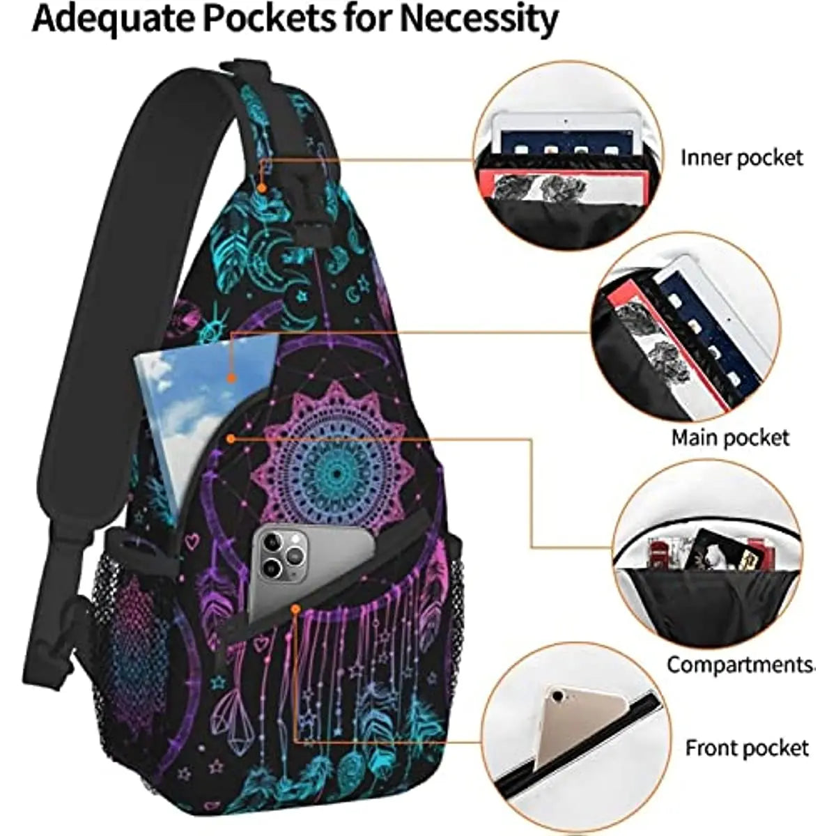Sling Bag Watercolor Boho Dreamcatcher Daypack Crossbody Shoulder Backpack