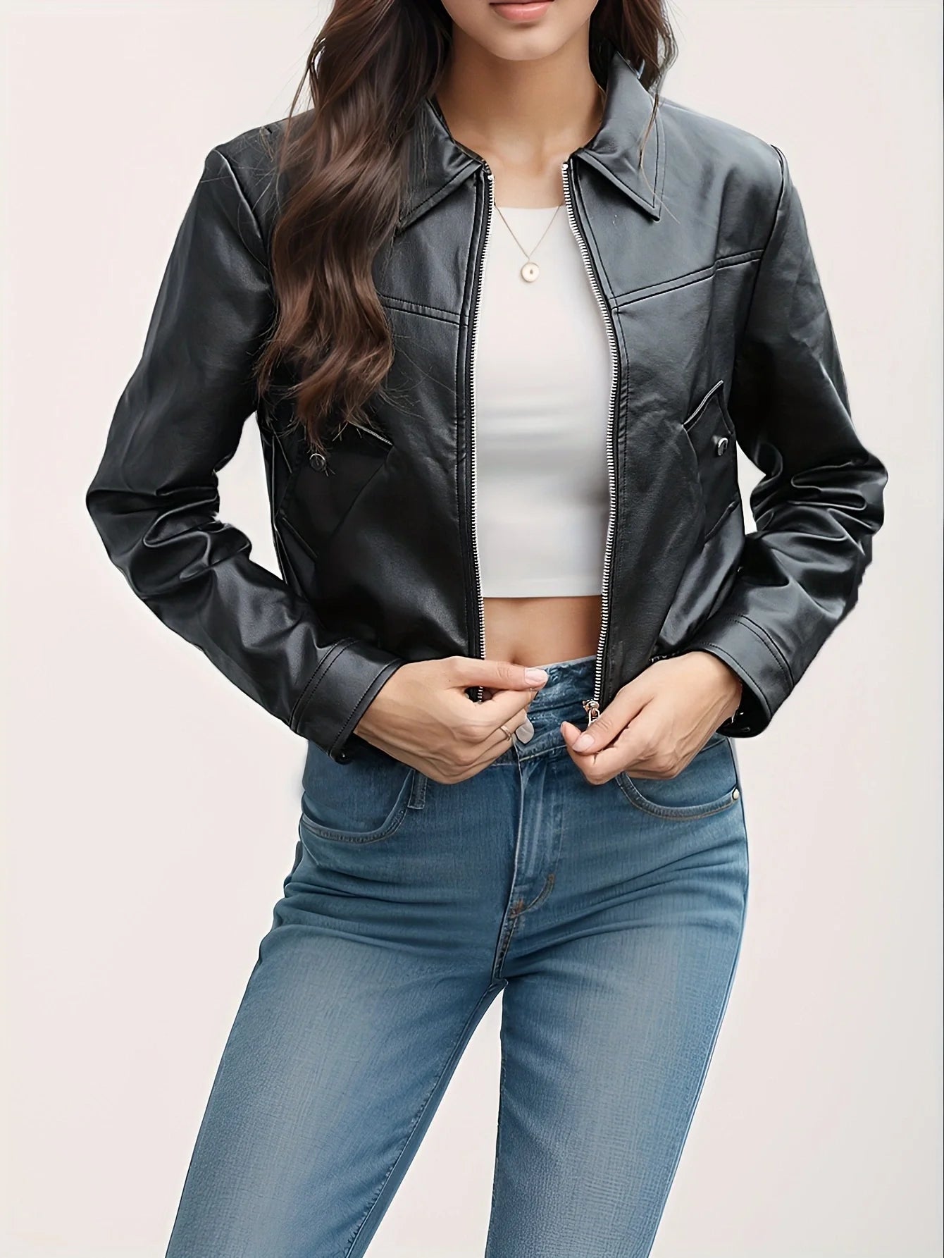 Women Fashion PU Motorcycle Jacket Zipper Pocket Leather Short Jacket