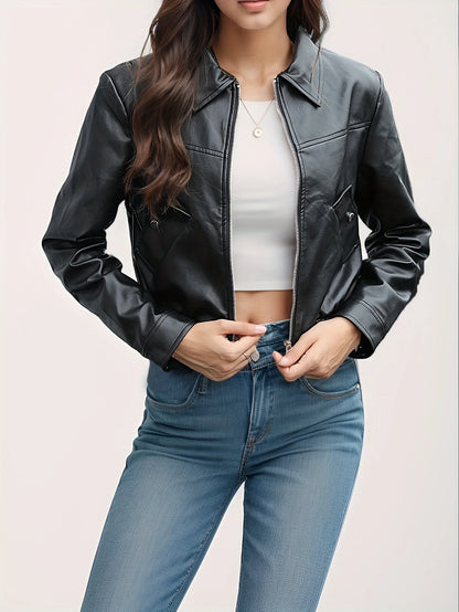 Women Fashion PU Motorcycle Jacket Zipper Pocket Leather Short Jacket