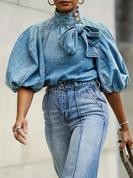 Women Denim Top Turtleneck Splice Puff Sleeve Shirts Loose Solid Pullovers Casual