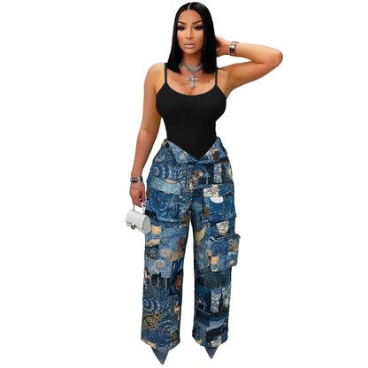 3D Print Wide Leg Cargo Active Hip Hop Straight Sweatpants Trousers