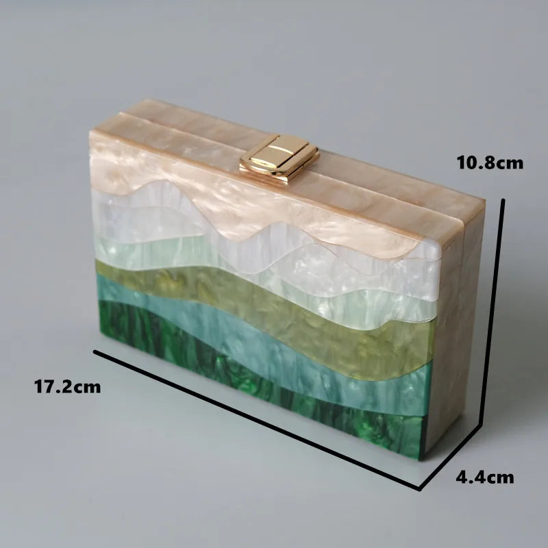 Womens Handbag Green Beige Striped Acrylic Luxury Casual Cute Box Clutch Purse