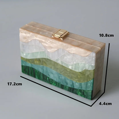 Womens Handbag Green Beige Striped Acrylic Luxury Casual Cute Box Clutch Purse