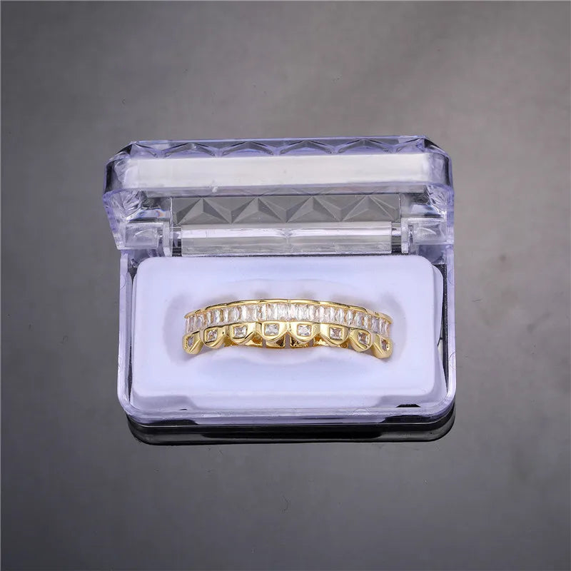 Baguette Teeth Grillz Set For Unisex Top Bottom Iced Out Cubic Zircon Stone Brass Material Hip Hop