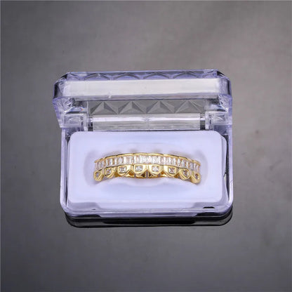 Baguette Teeth Grillz Set For Unisex Top Bottom Iced Out Cubic Zircon Stone Brass Material Hip Hop