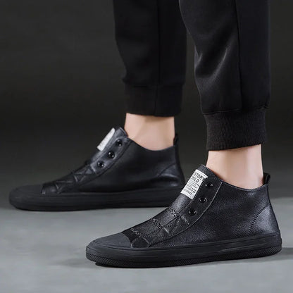 Genuine Leather Shoes Men High top Fashion Sneakers Flat Brand Black White Shoes