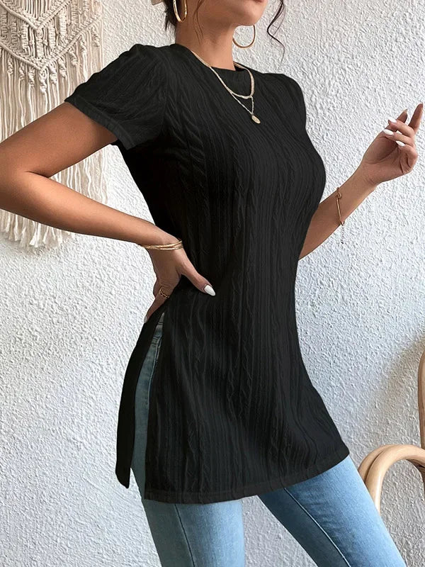 Simple Solid Color Pleated Top Short Sleeves Split-Side Urban Casual Daily T-Shirt