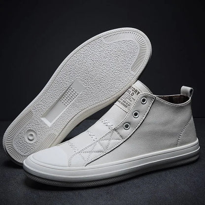 Genuine Leather Shoes Men High top Fashion Sneakers Flat Brand Black White Shoes