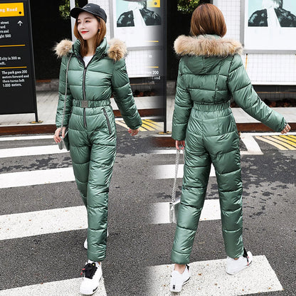 One Piece Outfit Ski Suit Winter Jumpsuit Parka Hooded Cotton Bodysuit Zipper