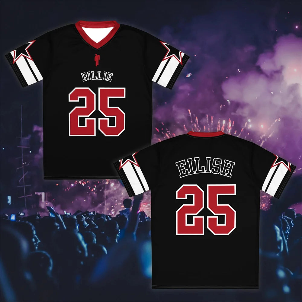 Billie Eilish Concert Clothing Trendy Sporty Style Summer Women's V-Neck Short-Sleeved Outdoor Sporty Quick-Dry Loose T-Shirt