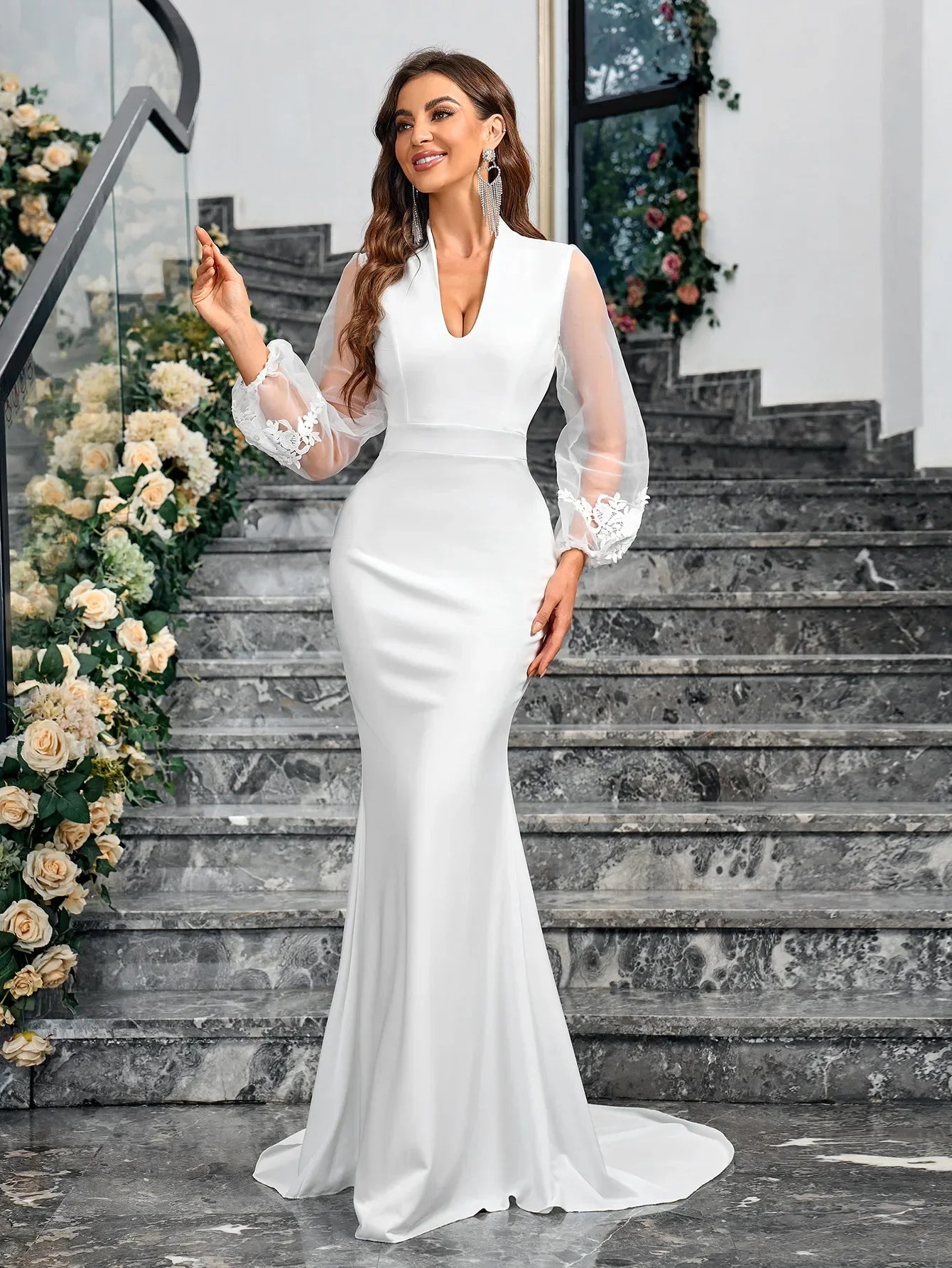 Lace Wedding Dress V Neck Bridal Gowns Cocktail Party Dresses