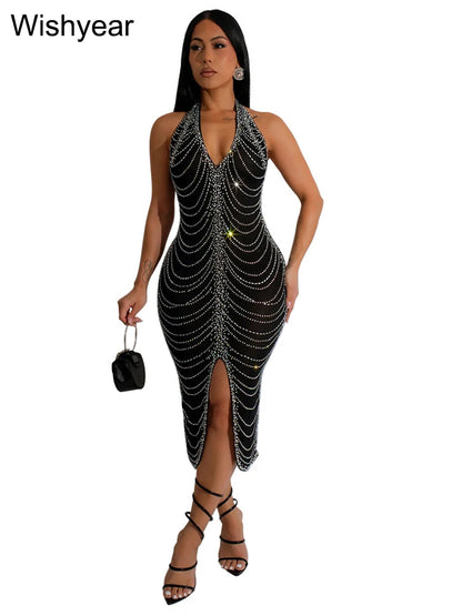 Halter Black Party Bodycon Midi Dress Women Sleeveless Backless Front Split