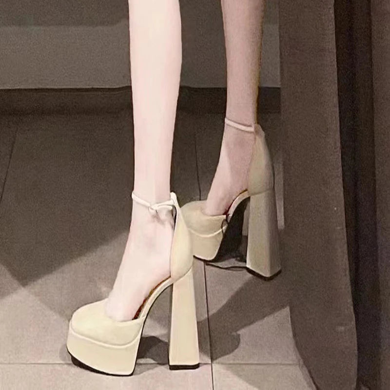 Super-high Heel Thick Heel Shoes Platform Sandal Elegant Round Toe White Heels BEIGE / 35 / United States BLACK / 40 / United States 
