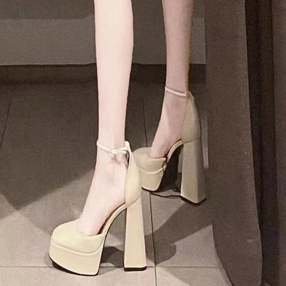 Super-high Heel Thick Heel Shoes Platform Sandal Elegant Round Toe White Heels BEIGE / 35 / United States BLACK / 40 / United States 