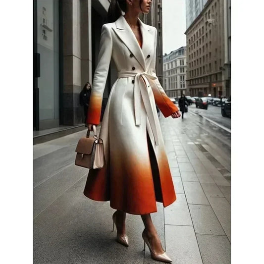 Warm Woolen Coats Long Sleeves Tied Waist Notched Collar Elegant Outerwear