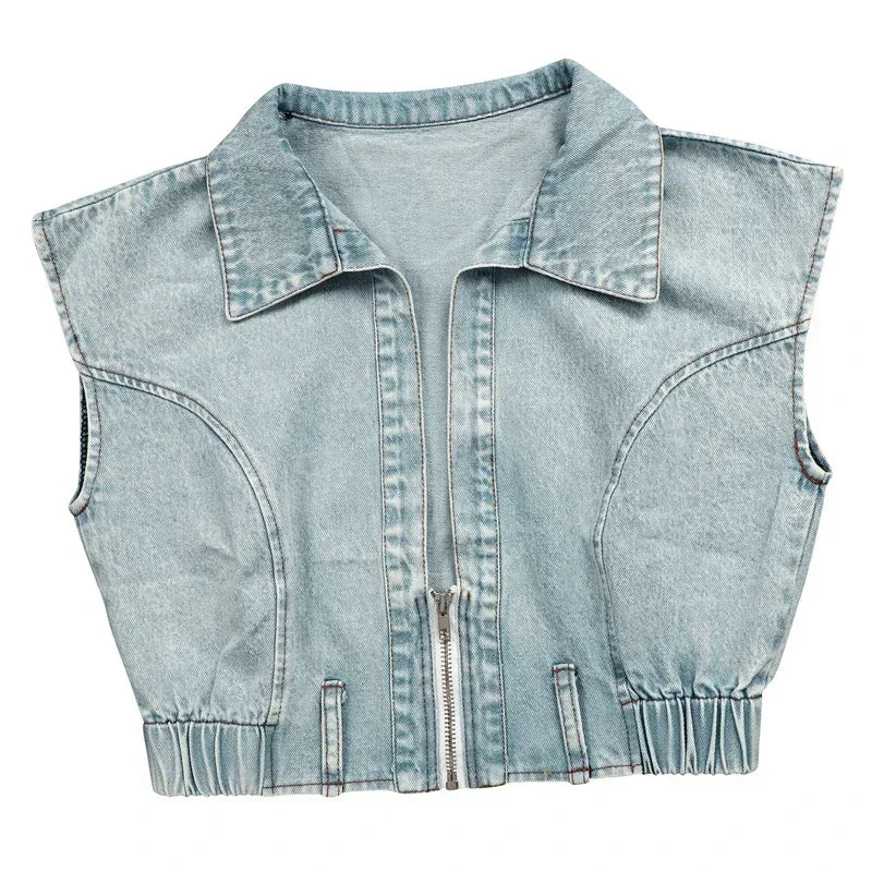 Denim Sets Women 2 Piece Outfit 2025 Jeans Zipper Turn-down Collar Cropped Top and Loose Wide Leg Pants